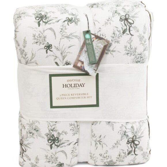 ENVOGUE HOLIDAY Green Toile And Bows Reversible Comforter Set - Picture 4 of 5